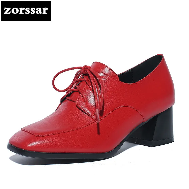 

{Zorssar} Big Size 34-42 square heel Square toe women shoes Pumps Genuine Leather High Heels Single Shoes woman zapatos mujer
