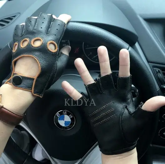 black Camel Высококачественные модные новые мужские перчатки из натуральной кожи с полупальцами, перчатки из козьей кожи, модные мужские дышащие перчатки для вождения, варежки - Цвет: black Camel