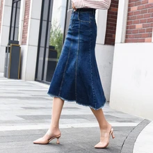 Смешанный хлопок повседневные джинсовые юбки для женщин большие размеры Империя до середины икры юбки-трубы, стильные женские кожаные ботинки, Осень-весна синий ddk0802