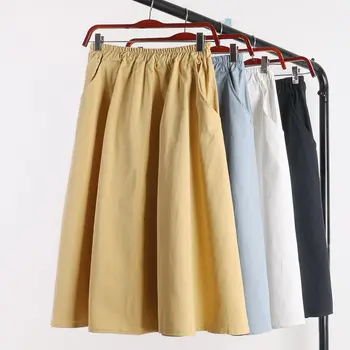 

Summer Cotton Pocket Skirts Fashion Sweet Preppy A-line Pleated Medium Long Cotton Skirts Blue Yellow Pink