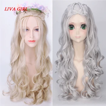 

Alice In Wonderland The White Queen 80cm Long Cosplay Wigs for Women Anime Movie Curly Wavy Hair Wig Costume Party Beige Silver