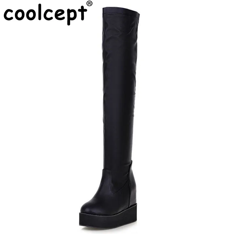 

Coolcept ladies wedges over knee boots women snow boot warm winter botas vintage platform footwear heels shoes P19917 size 32-43