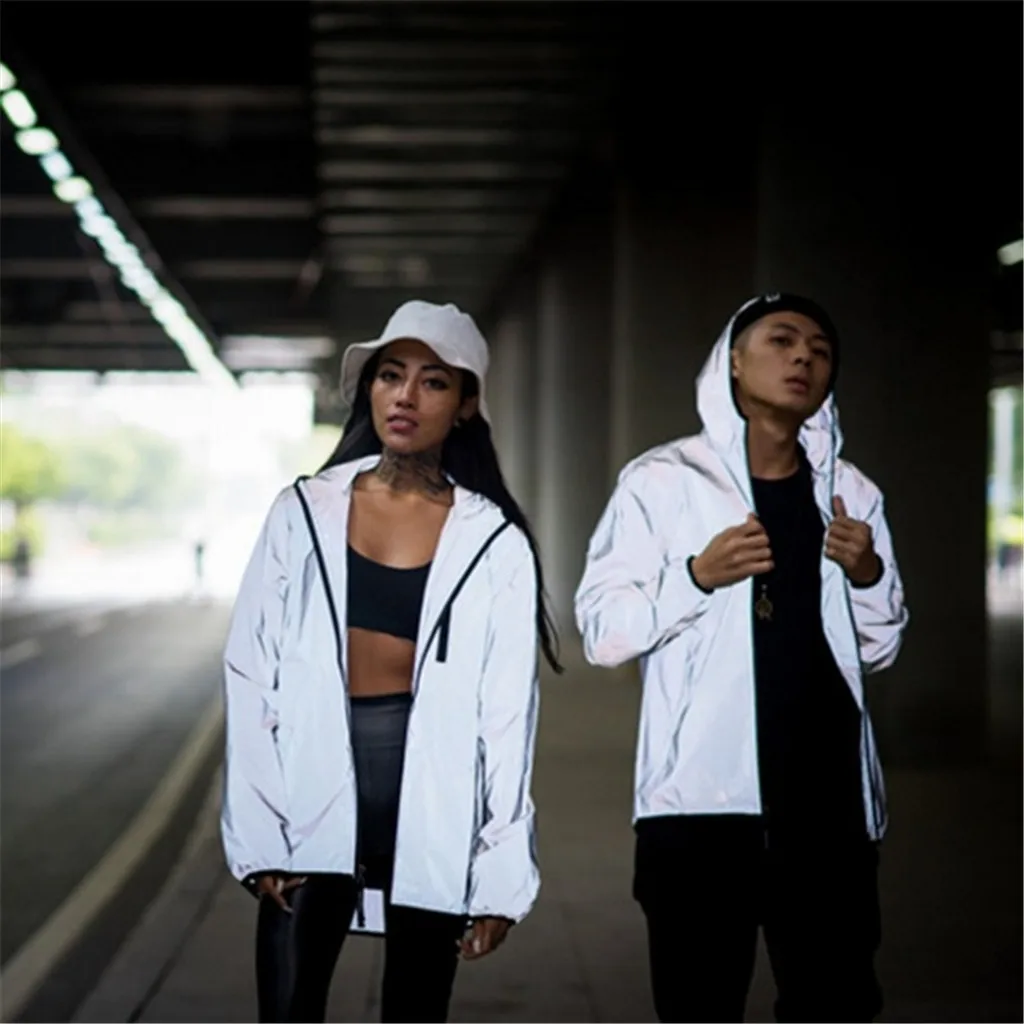 buy Unisex Couple Reflective Jacket Harajuku Windbreaker Jackets Men's Hooded Zipper Jacket Coat Female