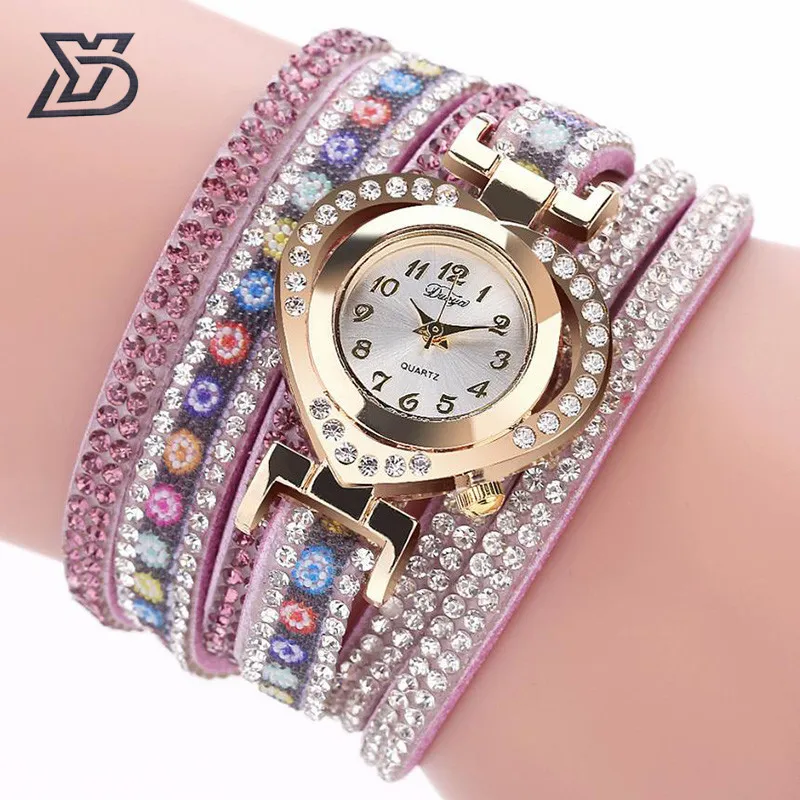 

Duoya Brand Crystal Rhinestone Bracelet Watch Women Casual Fine Leather Band Love Dial Quartz WristWatch Relogio Feminino#1B