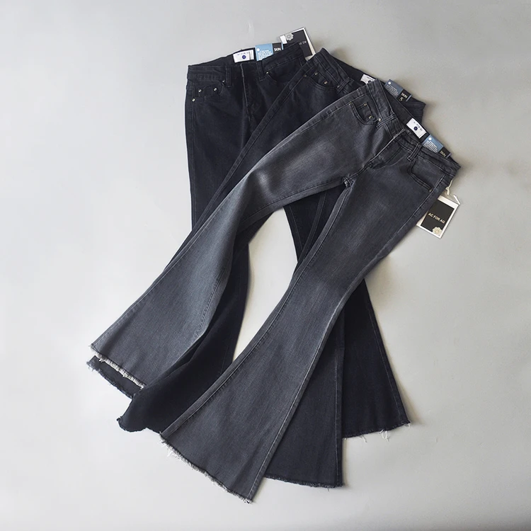 Calças de Brim para Mulheres 2020 do Vintage de Cintura Baixa Incendiar Elásticas Estilo Retro Fundo Sino Magro Calça Jeans Feminina Azul Escuro Denim Perna Larga Calças 34 Moda Feminina