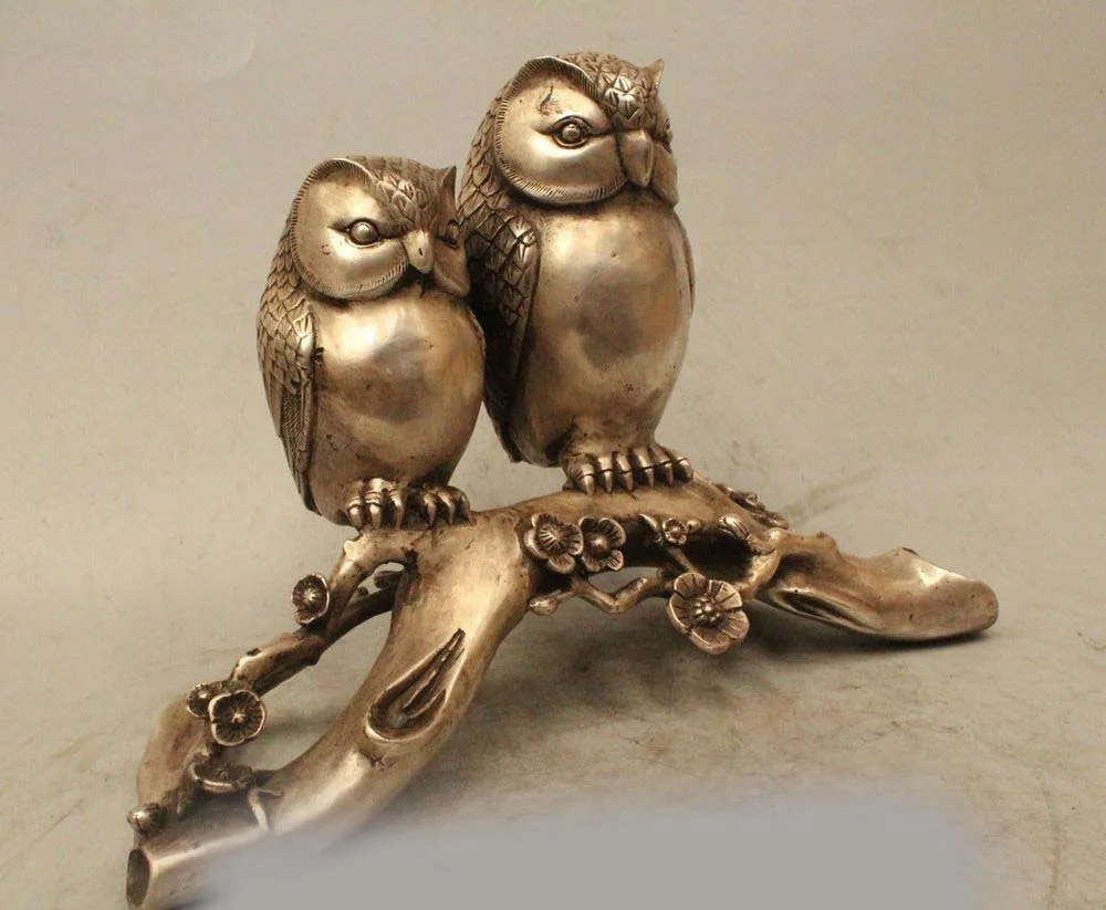 10 &quotНародная китайская Серебряная скульптура резная 2 Love Bird Scout Minerva статуя