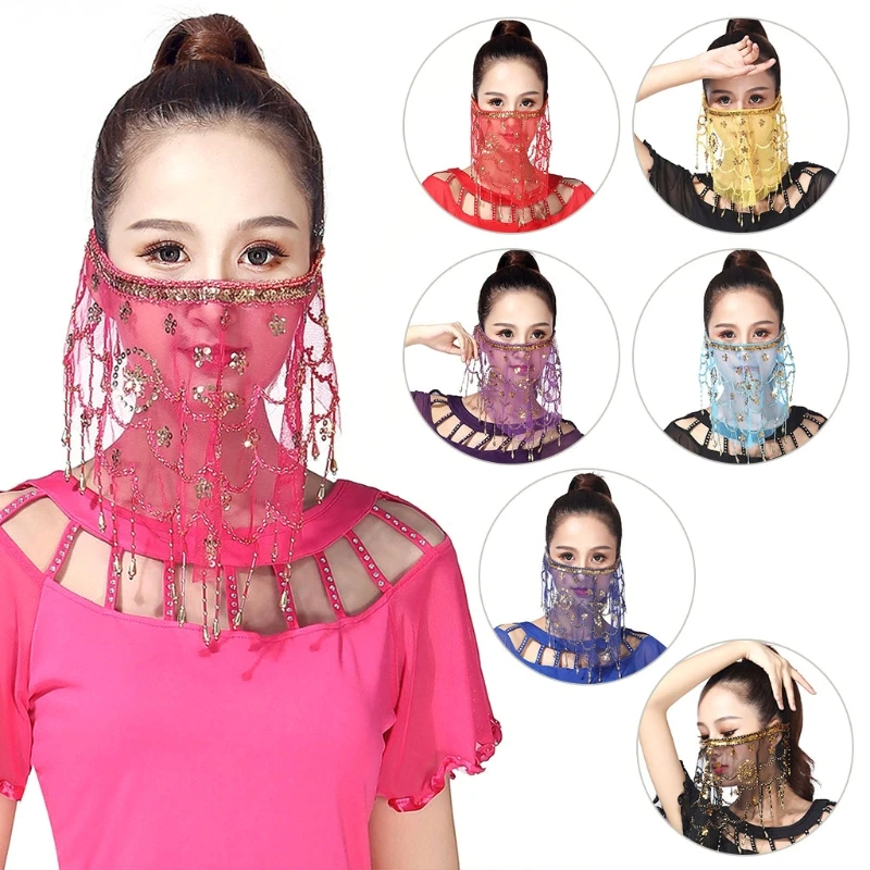 Womens Indian Belly Tribal Costume Scarf Carnival Party Dance Face Veil Sequins Womens Indian Belly Tribal Costume Scarf Carnival Party Dance Face Veil Sequins