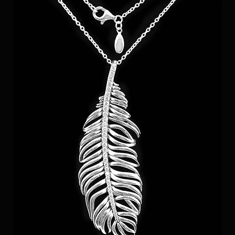 

925 Sterling Silver Necklace Big Feathers Pendant 50CM 70CM Pendants & Necklaces Women Sterling Silver Jewelry LN131