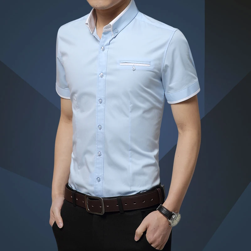 2019 الصيف جديد قميص رجالي العلامة التجارية الفاخرة الرجال القطن قصيرة الأكمام اللباس قميص بدوره إلى أسفل طوق سترة قميص الرجال الملابس