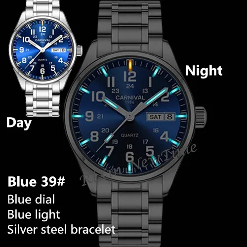 Карнавальный Спорт T25 Тритий Светящиеся мужские часы кварцевые люксовый бренд полностью стальные часы мужские часы saat reloj hombre модные montre - Цвет: Blue 39 Blue silver