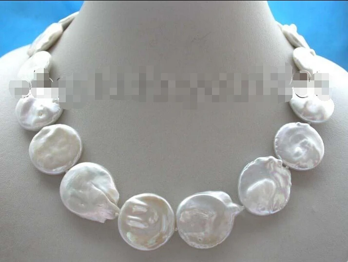 

17" Genuine Natural 22mm White Coin Pearl Necklace 14KGP #f1347!