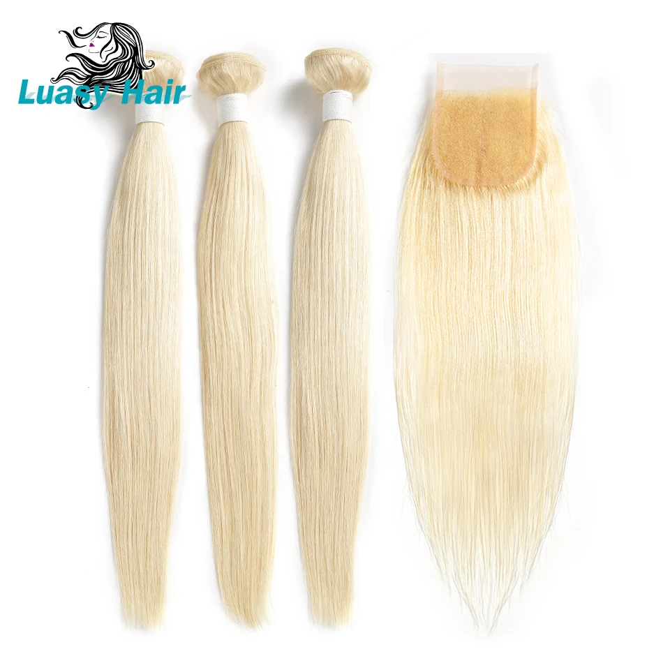 Luasy перуанский Прямо Волосы remy 613 блондинка натуральные волосы Связки с закрытием 4x4 кружева Закрытие со светлыми волосами ткань 3 пучки