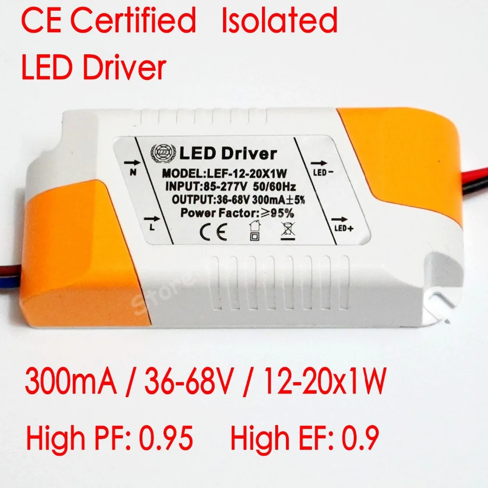 

CE Certified Isolated 300mA 12-20x1W Led Driver 12W/15w/18W/20w Power Supply DC 36V - 68V AC 110V 220V for LED lights