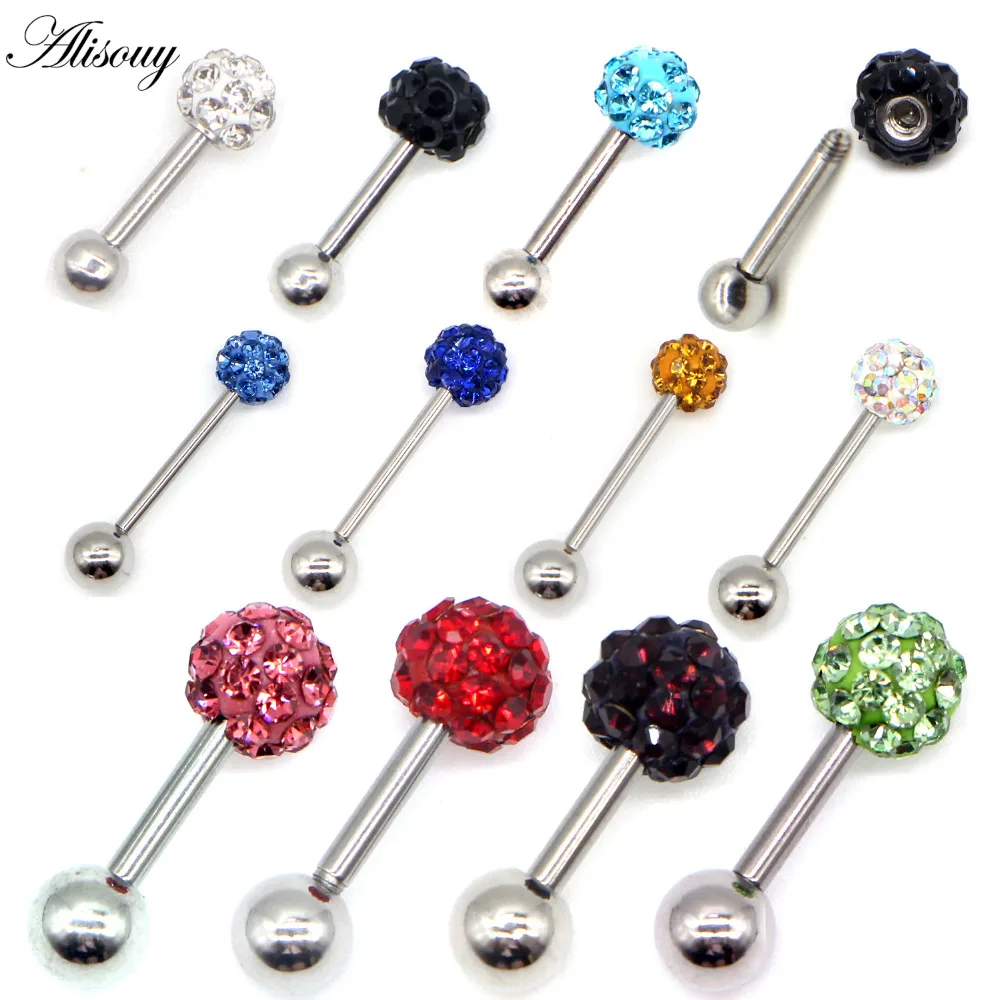 

Alisouy 1 PC Crystal ball Gem Tongue Piercing Jewelry Surgical Stainless Steel Barbell Piercing Ear Tragus Earrings Tongue Rings