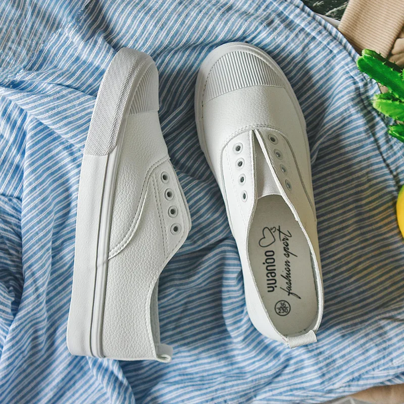 

White Leather Shoes Women Slip on Loafers Korean Sneakers Fashion Tenis Femino Ladies Vulcanized Basic All Match Must-have 35-40