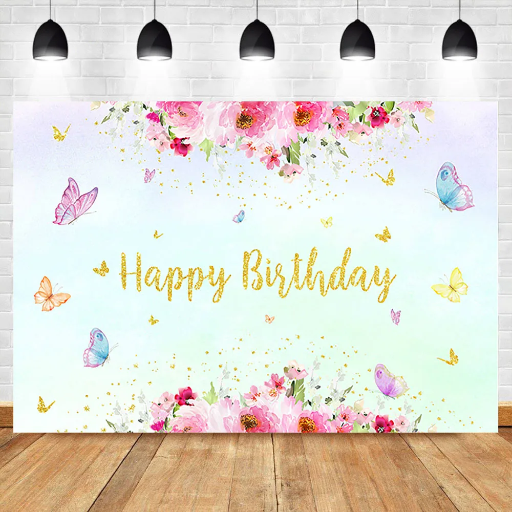 

NeoBack Baby Happy Birthday Photography Backdrops Pink Watercolor Flower Background Butterfly Girl Dessert Table Decorate Props