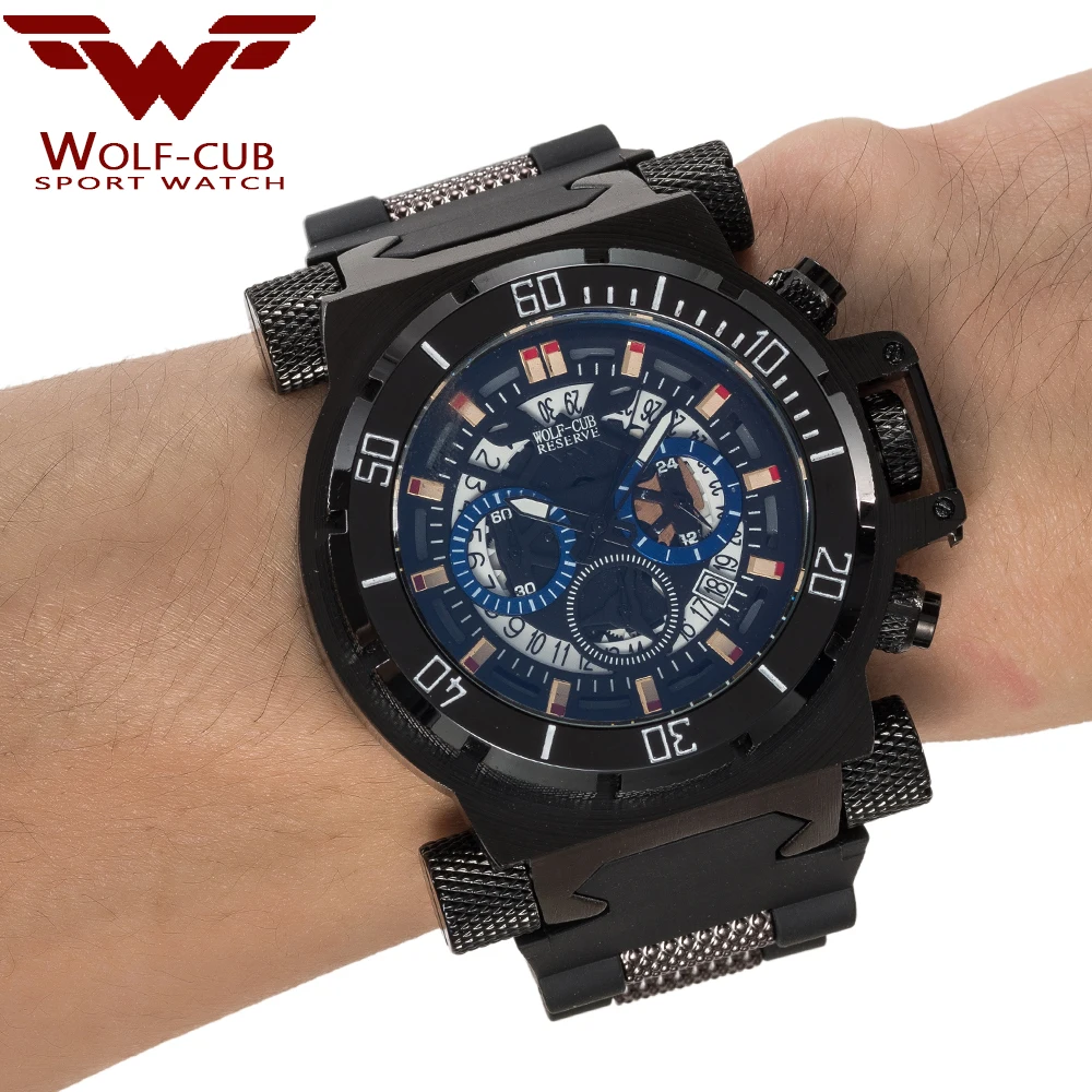  WOLF-CUB Luxury Big Dial Men's Sports Watches 3BAR blue Dial Man Steel Chronograph Quartz Wrist Wat