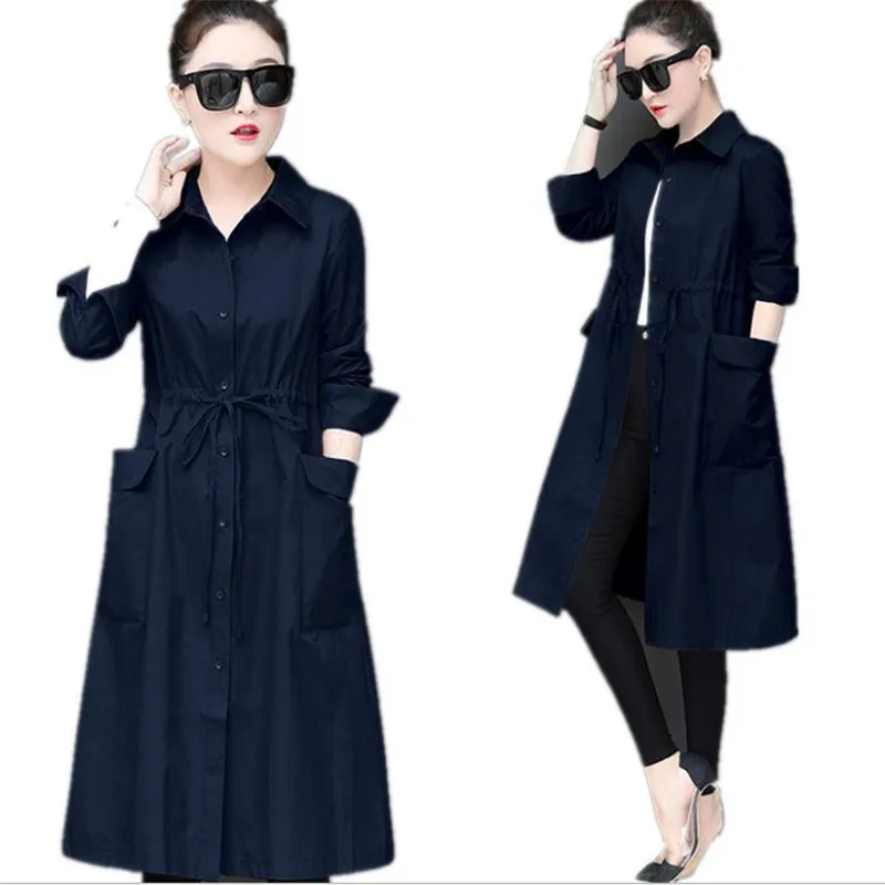 Длинные Весна Для женщин Тренч s отложным воротником и пуговицы Coats2019Fashio Soild Повседневное Тренч с поясами тонкий WindbreakCQ2943 - Цвет: navy blue