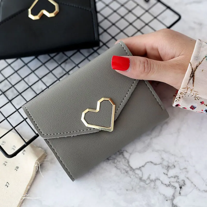 

Simple Fashion Women Coin Purse Leather Solid Color Vintage Short Wallet Heart Hasp Ladies Girls Card Holder Clutch Bag
