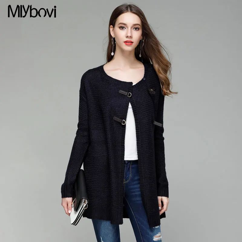 2018 Women Long Cardigans Autumn Winter Open Stitch PU patchwork ...