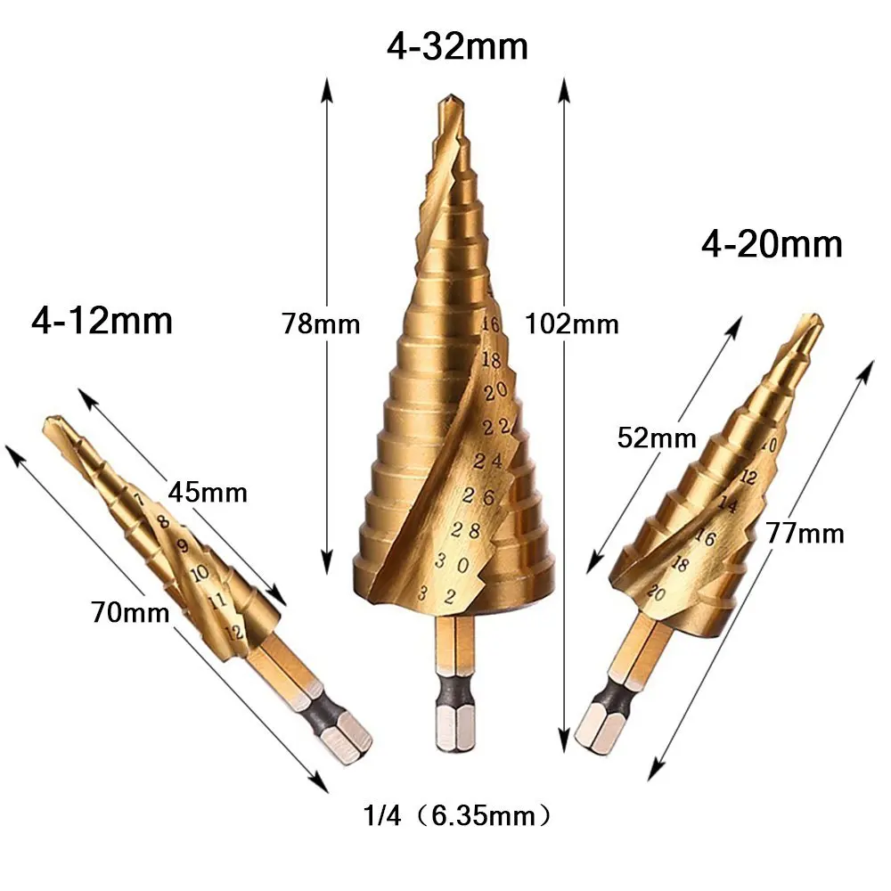 3Pcs HSS Titanium Drill Bit Set, 4-12/4-20/4-32mm , 1/4