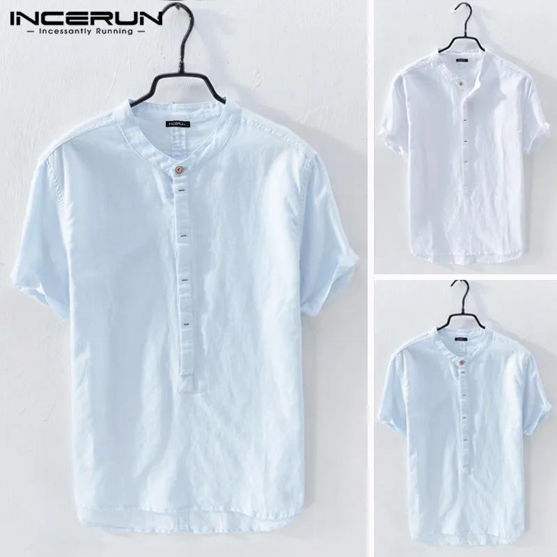 

INCERUN Summer 2019 Collar Cotton Short Sleeve Chinese Style Men's Casual Solid Color Thin Shirt Retro Shirt Breathable Camisas