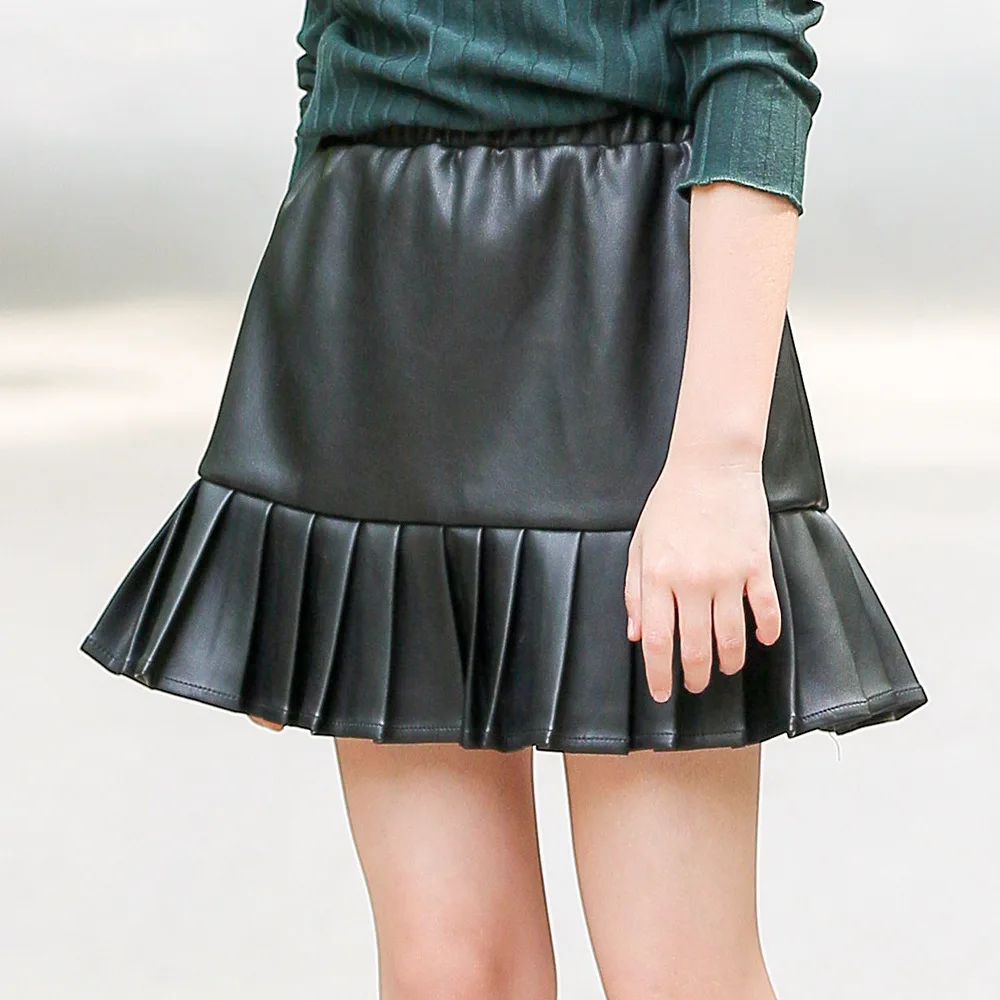 

PU leather teenage skirts for kids black high waist ruffles mini toddler skirt autumn spring winter 2018 girls clothing
