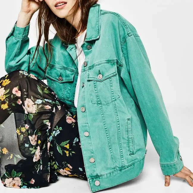 

2019 Spring new arrival fashion denim coat for women candy color long sleeve loose jeans jacket coats 4 color plus size