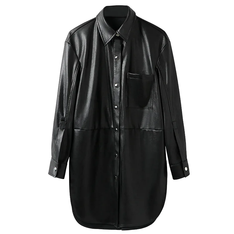 Star with Black PU Leather Coat Female Spring Loose 3D Pattern Top 2019 Turn-down Collar Pockets Black Jacket 2019 Women Coat