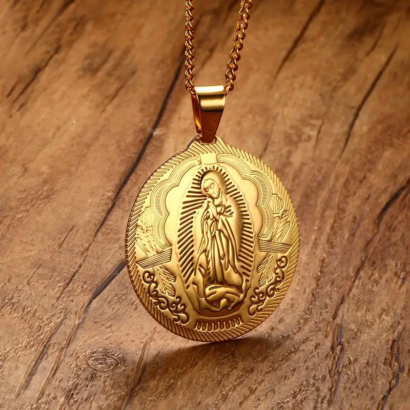 

Mens Necklaces Virgin Mary Maria Miraculous Medal Gold color Stainless Steel Fashion Religion Jewelry