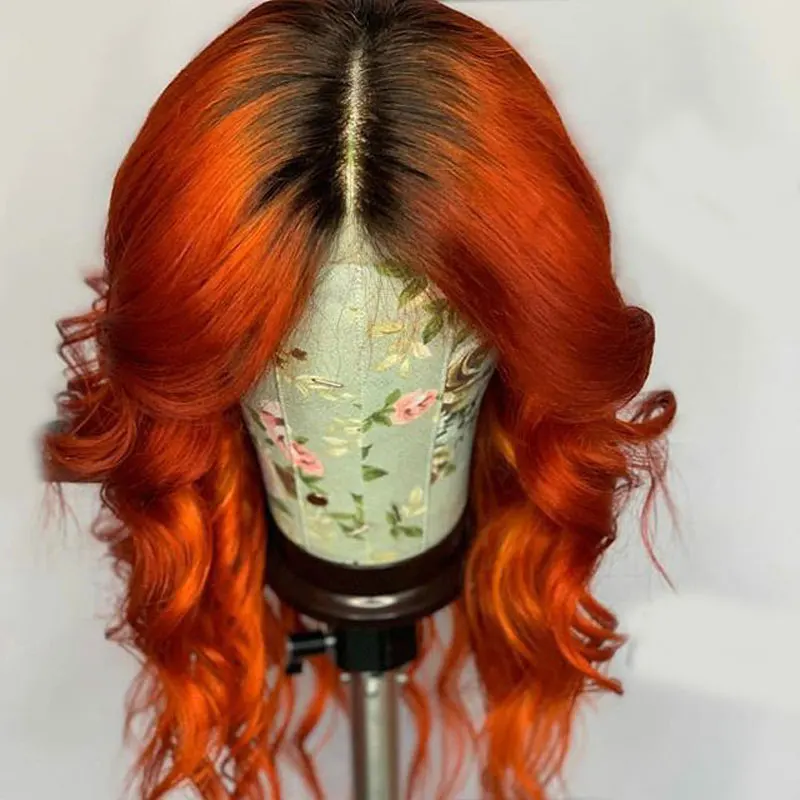 

Ombre Colored Orange Deep Part 13X6 Lace Front Human Hair Wigs Brazilian Body Wave Ginger Closure Wig Preplucked Dark Roots Remy
