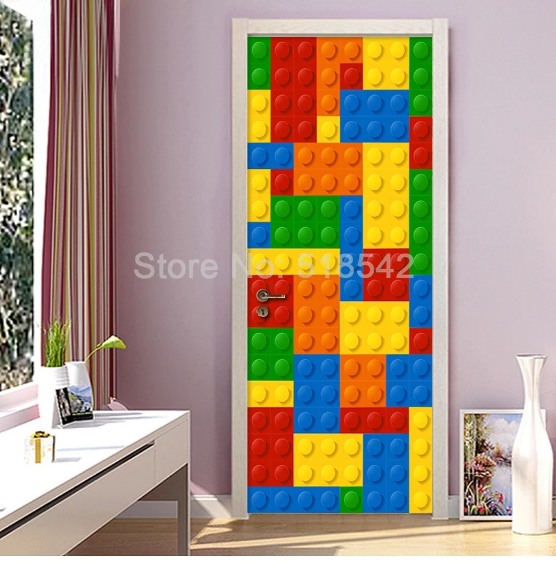 Цветные блоки лего детская комната спальня декоративные наклейки на дверь креативные DIY самоклеящиеся Настенные обои для детской комнаты