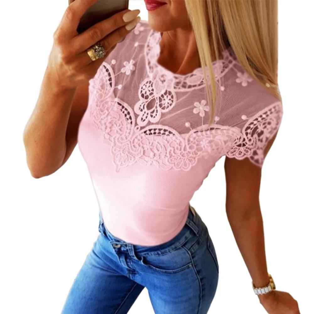 Женская Кружевная футболка розовые и белые облегающие футболки с круглым