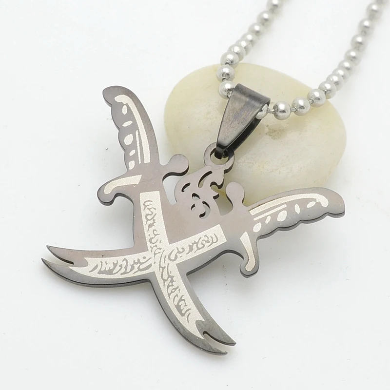 

Silver Tone Black Islamic Imam Ali Crossing Sword Zulfiqar Pendant Necklace For Shia Muslim W/SS Chain 60CM Long