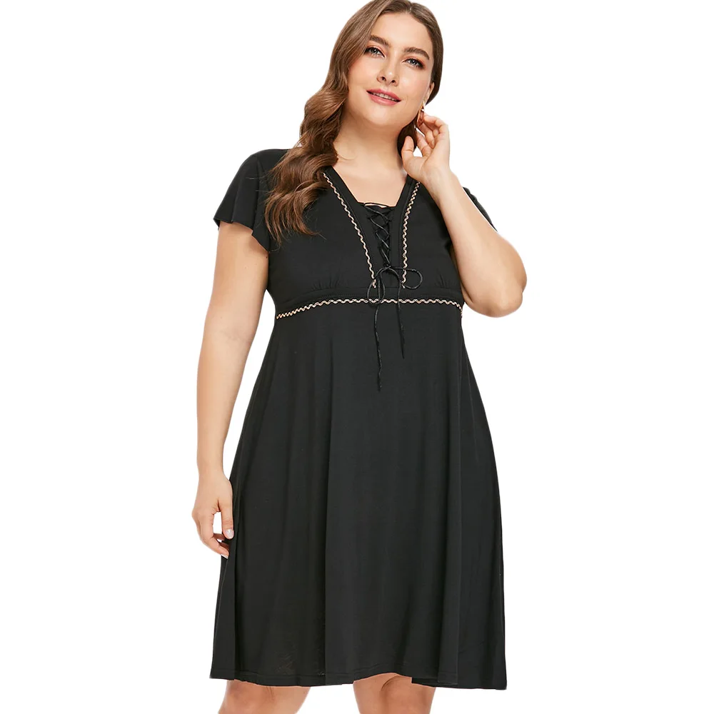Kenancy Plus Size Lace Up Knee Length Dress Short Sleeve Plunge Neck