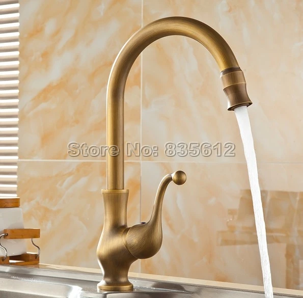 

Retro Swivel Spout Kitchen Sink Faucet Antique Brass Finish Single Lever Basin Mixer Taps Deck Mounted Wan056-1