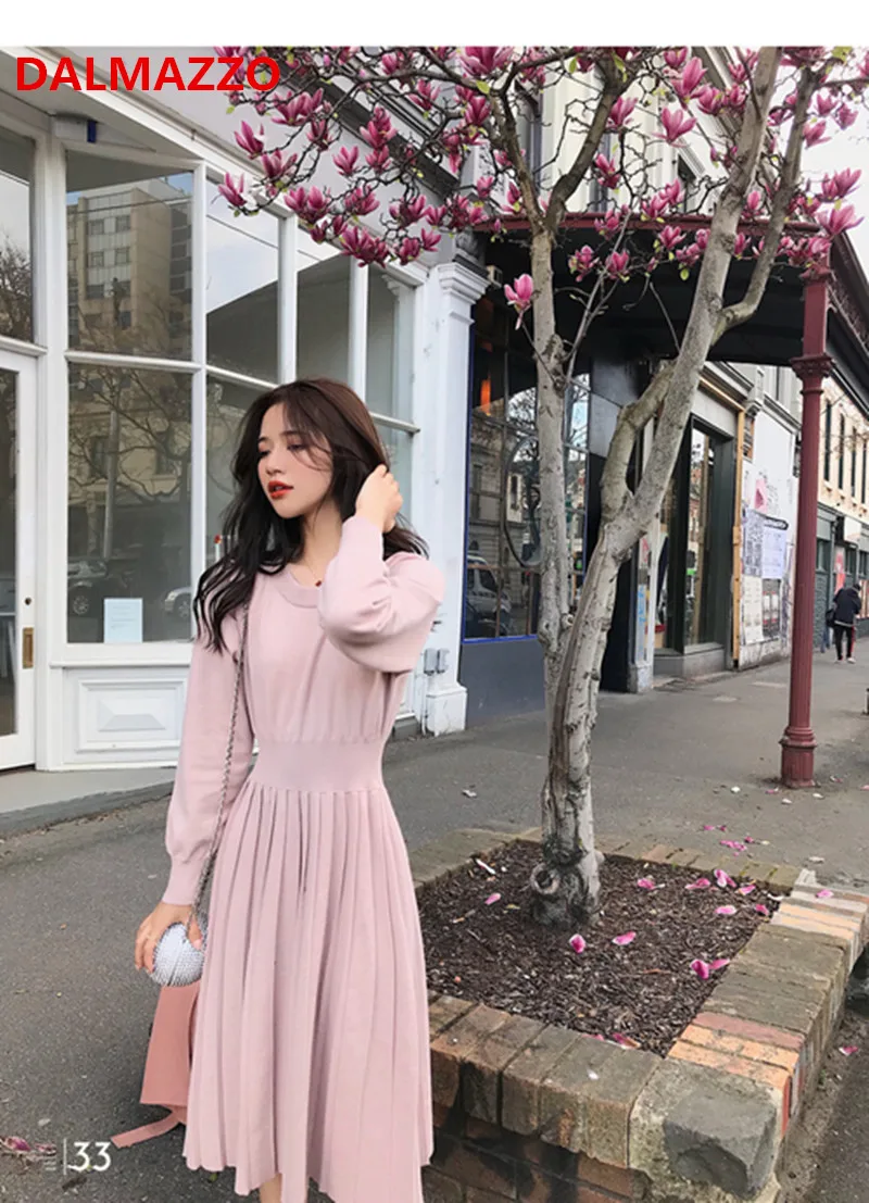 

Womans Runway Long Sleeve Pleated Knitted Long Dress 2018 Newest Autumn Fashion Office Women's Elastic Waist Long Dress Female