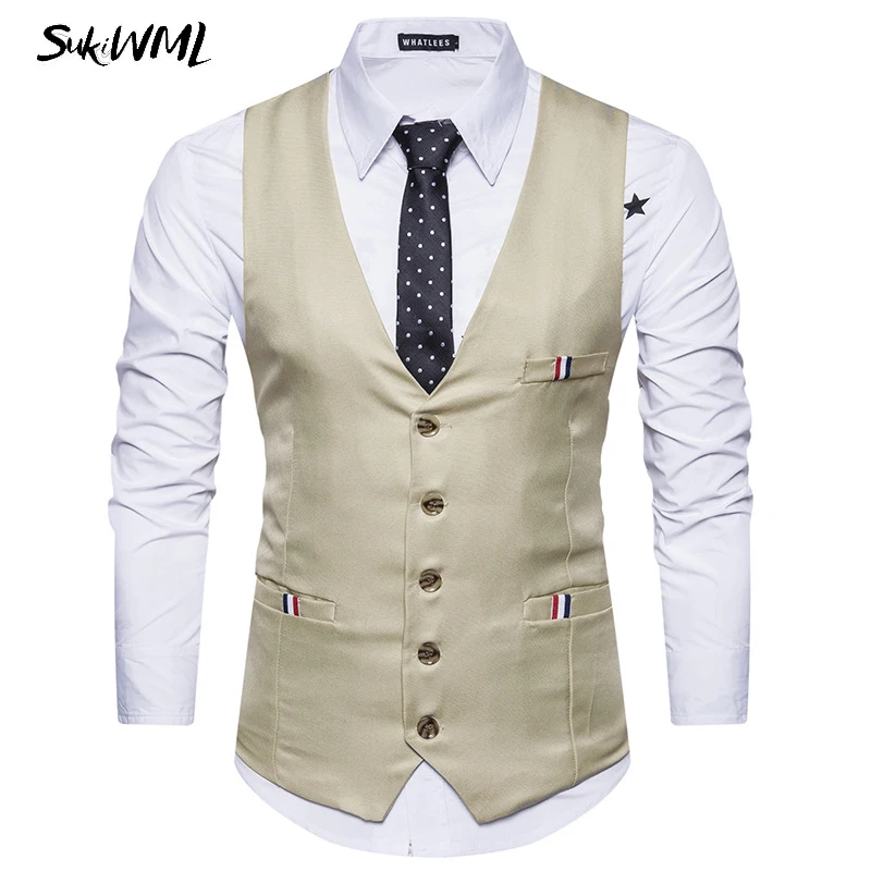 

SUKIWML 2017 New Luxury Brand Men's Vest Classic Solid Color Homme Gilet De Costume Slim Fit Wedding Gilet Costume EU Size S-2XL