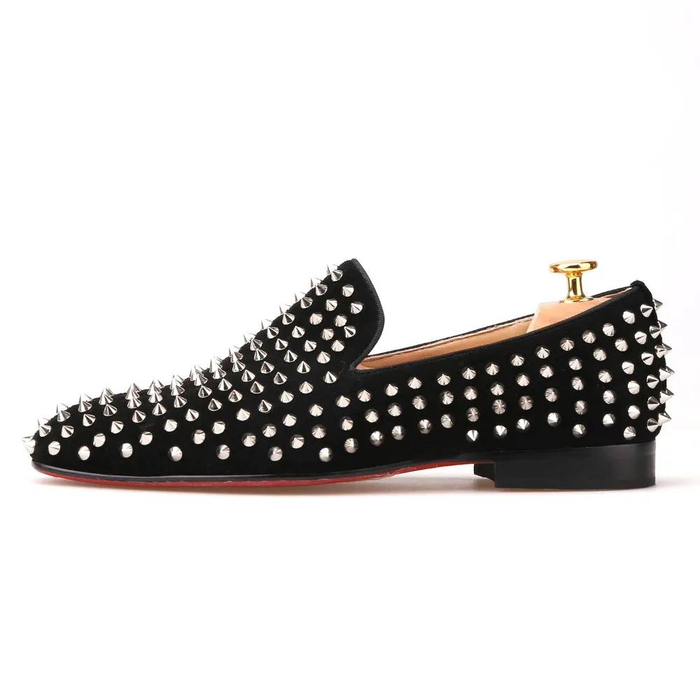 

Handmade nubuck men shoes leather with silver rivet Fashion CL same style men loafers red bottom men's flats Size US 5-17