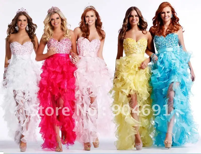 LindaBride Prom Dresses High Low Lace Applique A Line Formal Party Gowns Satin