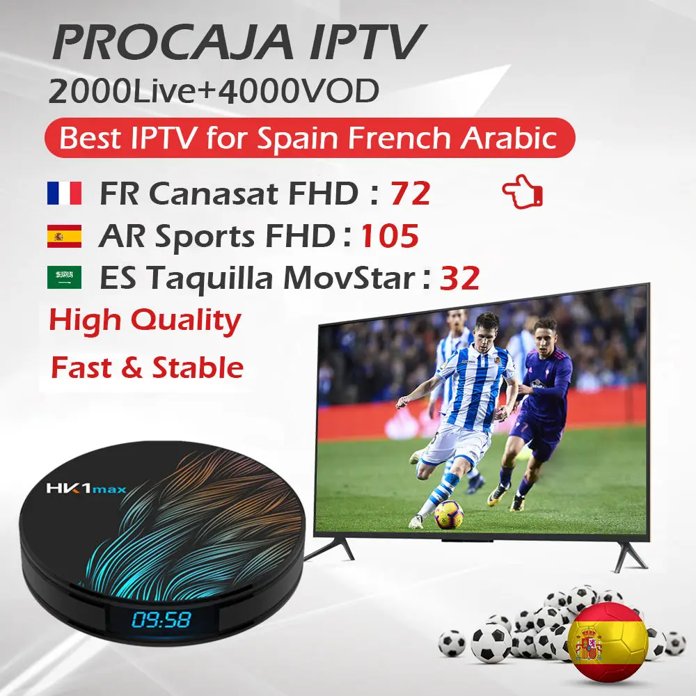 Procaja IP tv 2000Live+ Android 9,0 HK1 MAX телеприставка RK3318 Четырехъядерный 4G/64G 4K двойной Wi-Fi Смарт ТВ-бокс Испания английский арабский IPTV