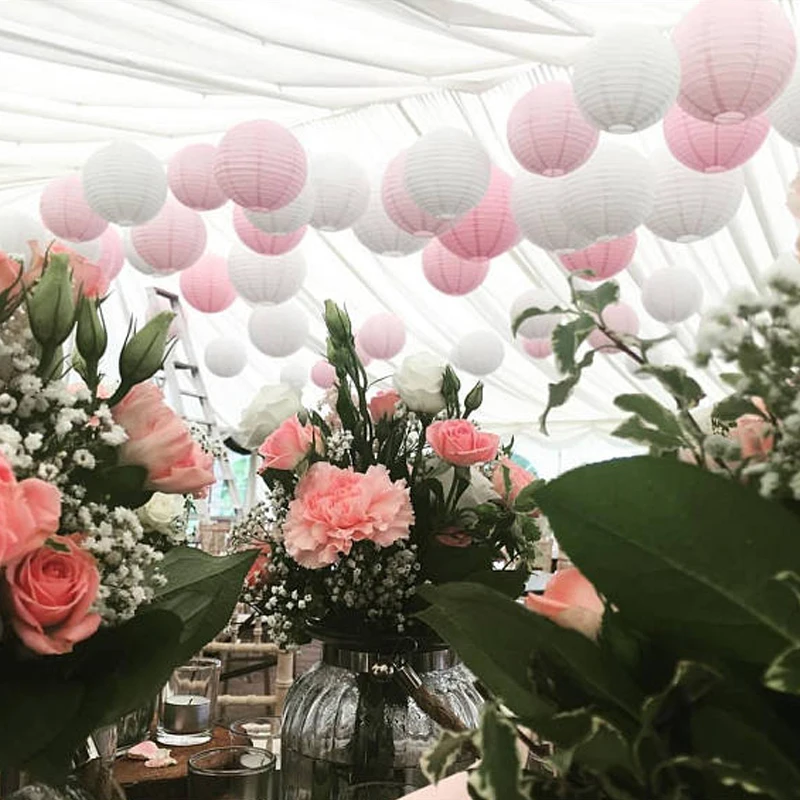 3Size Pink White Paper Lanterns Round Foldable Festival Hanging