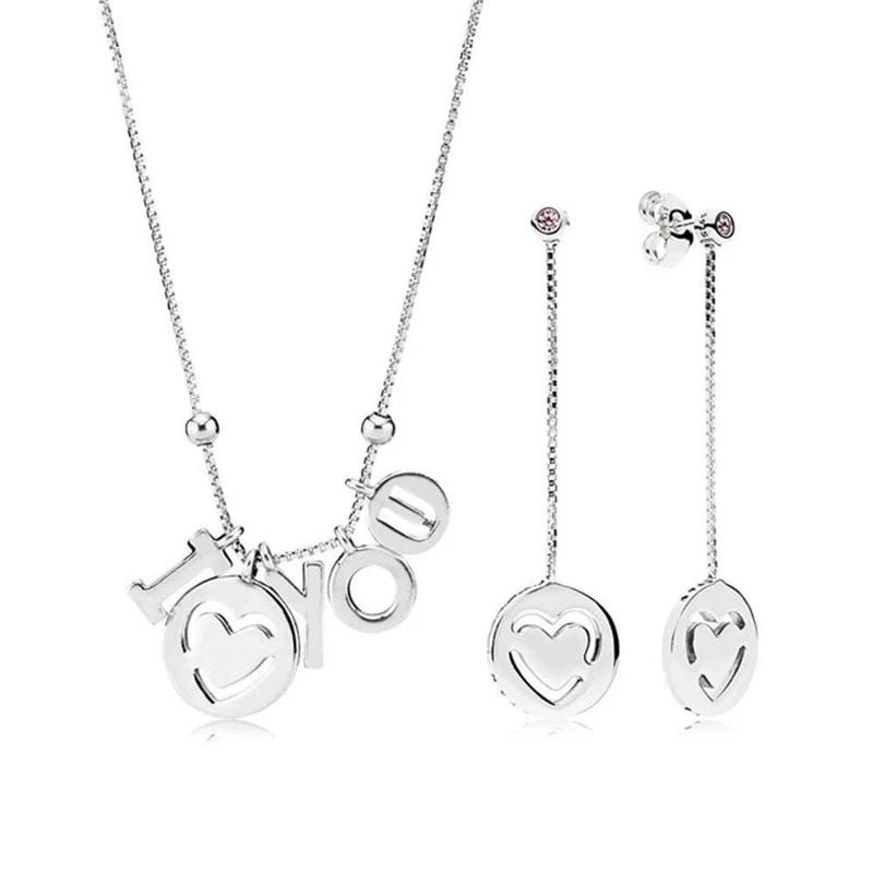 

2018 100% 925 Sterling Silver I Love You Necklace and Earring Gift Set fit charm Original jewelry Gift