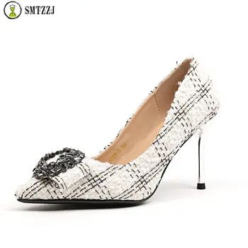 

SMTZZJ Women Shoes High Heels Woman Flock 8 cm Plaid Women Pumps Ladies Office Casual Shoes Pointed Toe Summer Heels