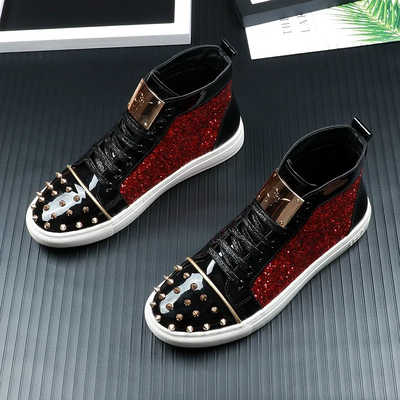 

New Spring Fashion Men's Sequins rivet Casual Shoes Fashion Round Toe sheet iron Man Trending Leisure high tops Shoes