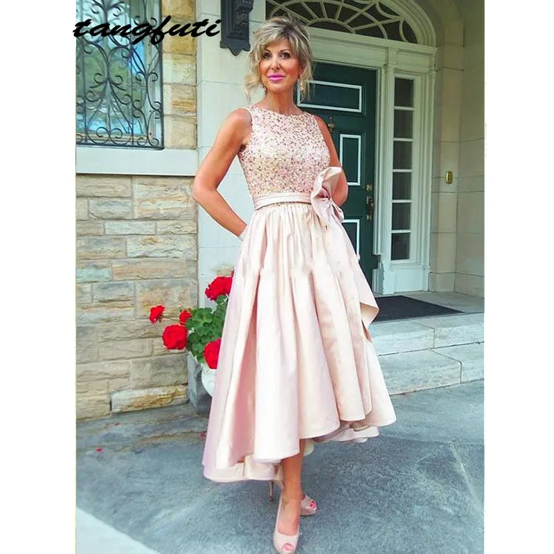 Us 118 69 Pink Mother Of The Bride Dresses For Weddings Beaded Women Party Tea Length A Line Evening Dress Groom Gowns In