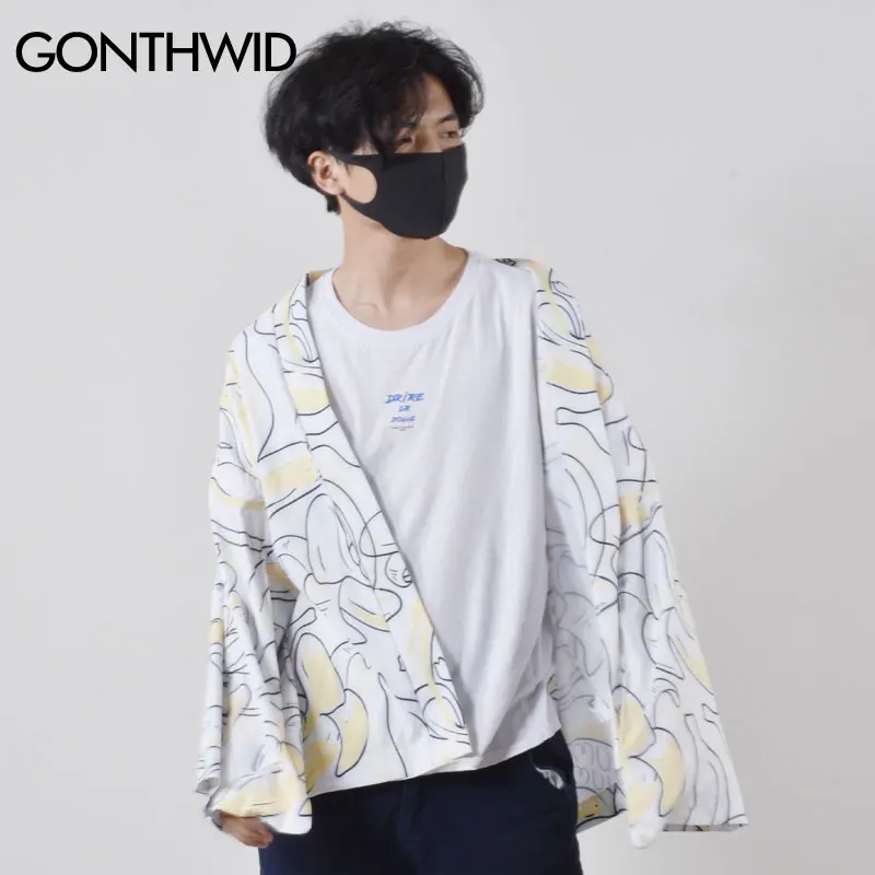 GONTHWID банан печати японское кимоно кардиган Haori куртки летние мужские Harajuku
