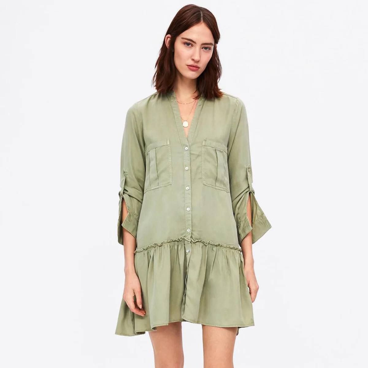 

Jastie Slot collar Long Sleeve Shirt Dress Button Front Patch Pocket Chic Women Dresses Casual Hem Short Summer Dress Vestidos