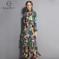 SEQINYY プリントエレガントなドレス 2018 初秋の女性のレトロフレアスリーブドレープ A ライングリーン花 XXL ルーズロングドレス