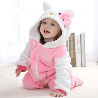 Leapord/ Детские Комбинезоны Одежда для новорожденных пижамы с героями мультфильмов теплые зимние пижамы с животными roupas de bebe recem nascido - Цвет: hello kitty